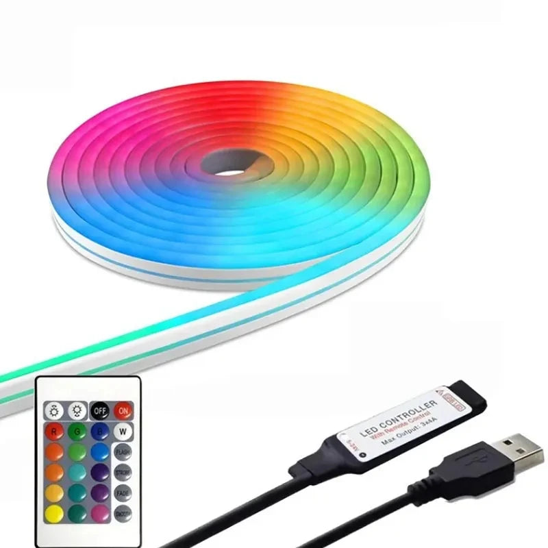 RGB LED Strip Flexible Silicone Neon LED Sign Lights Lamp Rope Waterproof Dimmable Remote Control USB 5V 108Leds/M Room Decor